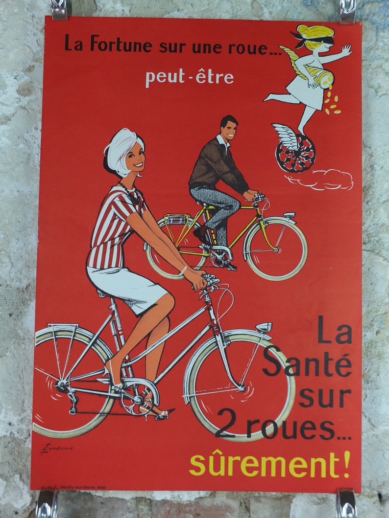 1950 Cycling Poster, French National Lottery, beautiful couple smiling and cycling in red, by Pierre Courrone, print wall art retro decor
