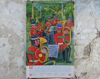 1973 Bands in the Park Poster, London Underground, Military Brass Band, London Parks, by Ronald Glendening, The Tube, travel wall art decor