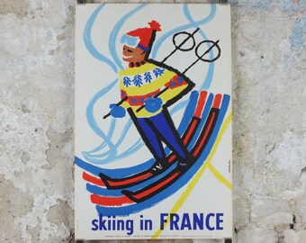 1959 Skiing in France Poster, Skier glides down a powdery white mountain, by Constantin, travel wall art decor