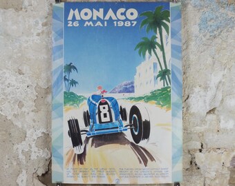 1987 Monaco Christies Poster, Bugatti and Ferrari auction advertising, retro sports car wall art decor