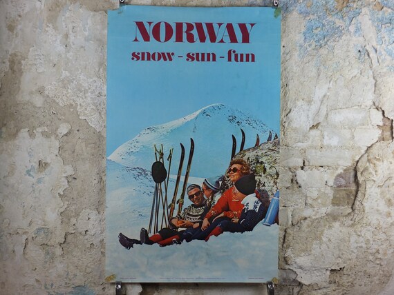 1970 Norway Skiing Poster, Snow, Sun, Fun, Norway Travel