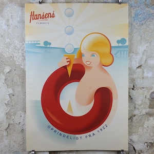 Cartel de helado de Hansens, Hansens flødeis, chica con helado en un anillo de natación, publicidad de decoración de arte de pared retro