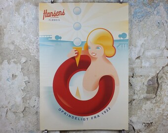 Hansens Ice Cream Poster, Hansens flødeis, girl with ice cream in a swimming ring, advertising retro wall art decor