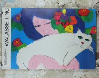 1987 Walasse Ting Poster, Woman with White Cat 1987, cat & flowers, colourful popular figuratism, pop art, gallery, wall art decor