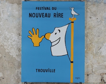 1990 Festival du Nouveau Rire Poster, by Raymond Savignac, Festival of New Laughter & Joy, Trouville, Flag razzing, Festival wall art decor