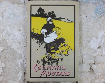 1970s Colemans Mustard Poster, woman gathering yellow flowers, Kitchen decoration or Kitchenalia print wall art decor