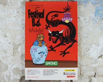 1991 Blue Lotus Poster, SMENO Festival B.d., Comic Festival Lille, Tintin by Herge, comic book, wall art decor