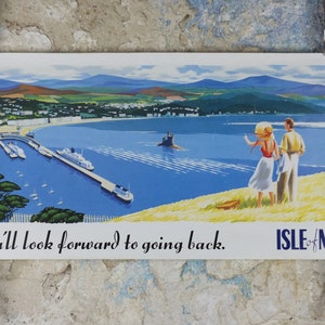 Póster de la Isla de Man de los años 80, Douglas Harbour en un estilo de los años 50, Gran Bretaña, Reino Unido, turismo de viajes, decoración de arte de pared de vacaciones