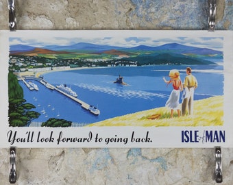 1980s Isle of Man Poster, Douglas Harbour in a 1950s style, Britain, United Kingdom, travel tourism, holiday vacation wall art decor