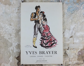1975 Yves Brayer Poster, flamenco dancing, dancers Teresina and Roland Petit, Procenium, Paris, ballet gallery exhibition, wall art decor