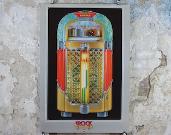 1980s Wurlizter Rocola 1428 Jukebox Poster, colourful retro advertising for grandest music player, gifts for music lovers, wall art decor
