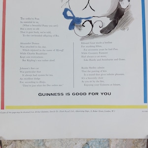 1961 Guinness kattaffisch, Ett symposium om katter, Guinness husdjurssida, av Gerard Hoffnung, reklam för irländsk stoutöl, väggdekor bild 4