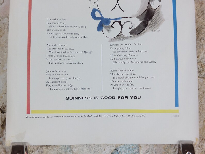 1961 Guinness kattaffisch, Ett symposium om katter, Guinness husdjurssida, av Gerard Hoffnung, reklam för irländsk stoutöl, väggdekor bild 4