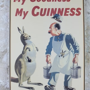 1990s My Goodness My Guinness Poster, from Guinness Museum, By John Gilroy 1942, kangaroo, joey and zookeeper, Wall art retro decor