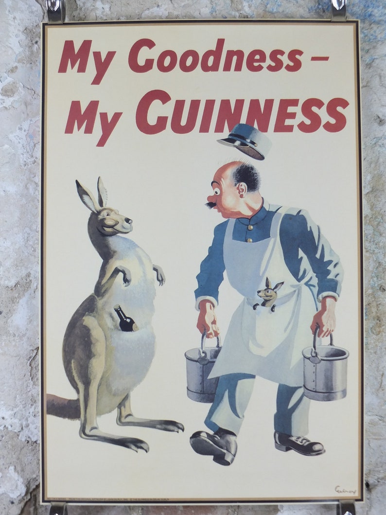 1990s My Goodness My Guinness Poster, from Guinness Museum, By John Gilroy 1942, kangaroo, joey and zookeeper, Wall art retro decor