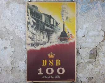 2005 DSB Danske Statsbaner Poster, 100 year anniversary steam and modern trains, by Aage Rasmussen, Denmark, advertising wall art decor
