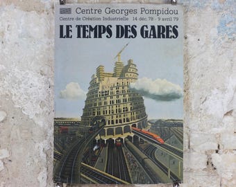 1978 SNCF Tower of Babel Poster, Le Temps des Gares, Centre Georges Pompidou modern gallery exhibition wall art decor