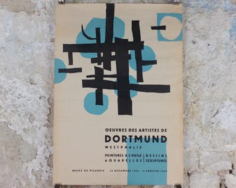 1959 Dortmund Abstract Poster, black lines and blue circles, Artists of Dortmund, Musee de Picardie, art gallery exhibition, wall art decor