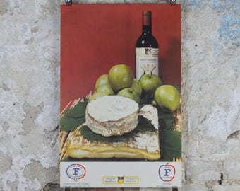 1960s Cheeses of France Poster, soft cheeses with apples, Fromages de France, cheesemaking, Haut Medoc, kitchenalia wall art decor
