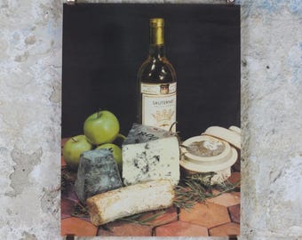 1960s Cheeses of France Poster, Roquefort cheeses & apples, Fromages de France, TRIMMED, cheesemaking, Sauternes, kitchenalia wall art decor