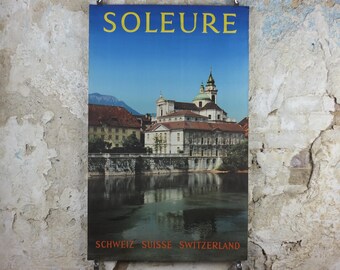 1960s Solothurn Poster, Soleure Switzerland, Cathedral of Saint Ursus on the River Aare, Suisse Schweiz Travel poster, wall art decor