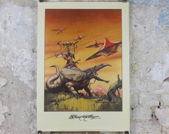 1977 signed Rodney Matthews Poster, Out of an Amber Sky, GA70 epic scifi adventure quest art, Big O Posters, fantasy wall art decor