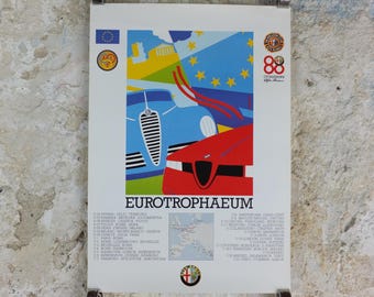 1990 Alfa Romeo EU Poster, EU12 Eurotrophaeum, 80th anniversary of Alfa Romeo, Ottantanni, art deco style by Enrico Dordoni, wall art decor
