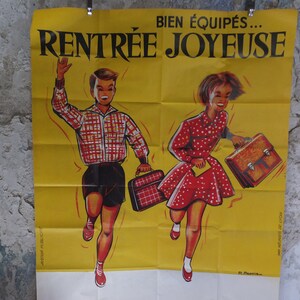Original Vintage French Children Kids Back to School Poster fashion style bag happy running Advertising print R Hennin wall art retro 1960s image 4