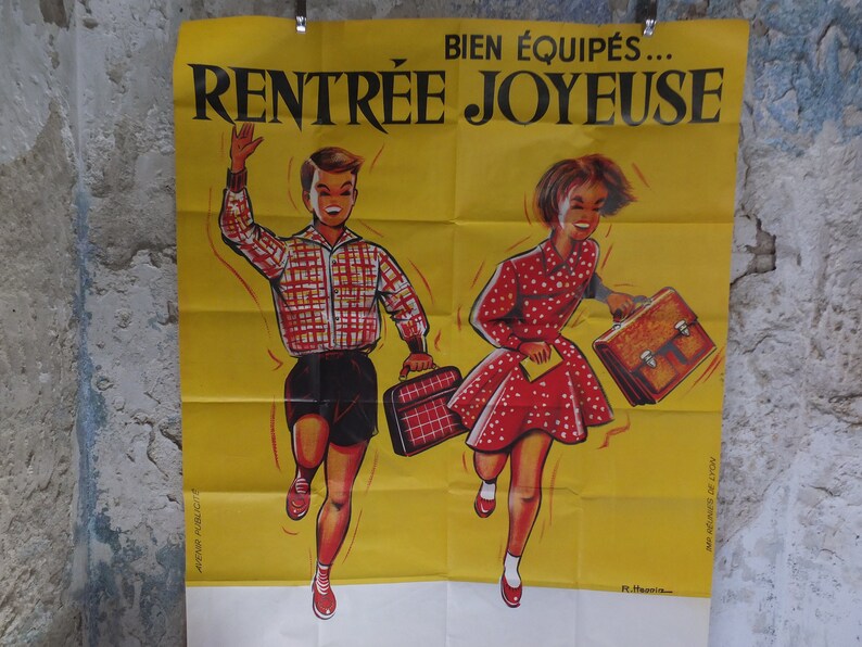 Original Vintage French Children Kids Back to School Poster fashion style bag happy running Advertising print R Hennin wall art retro 1960s image 4