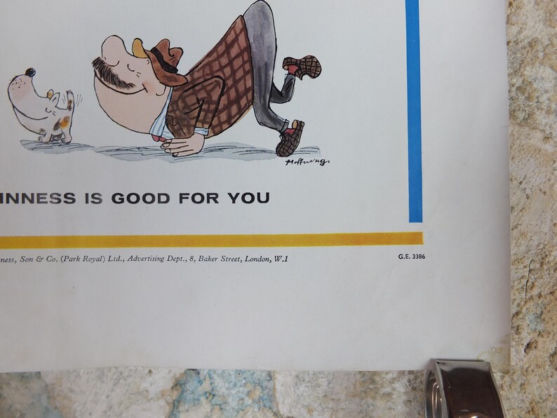 May include: A vintage Guinness advert with a cartoon illustration of a man in a brown suit and hat, and a dog. The text "Guinness is Good For You" is displayed. The artwork is signed "Moffuing".