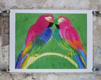 1993 Walasse Ting Poster, Two Parrots, colourful popular figuratism, pop art, Perroquets, gallery exhibition, wall art decor
