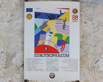 1990 Alfa Romeo Luxemburg Poster, Eurotrophaeum 80th anniversary of Alfa Romeo, Ottantanni, art deco style by Enrico Dordoni, wall art decor