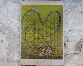 1978 Mordillo Rollercoaster Poster, Hold up, Verkerke, Guillermo Mordillo, Argentina,  It's a hold up with cowboy, wall art decor