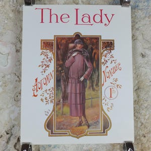 1960s The Lady Poster, Woman in mauve Flapper Autumn style from the 1920s, Womans magazine, fashion Advertising, art deco, wall art decor