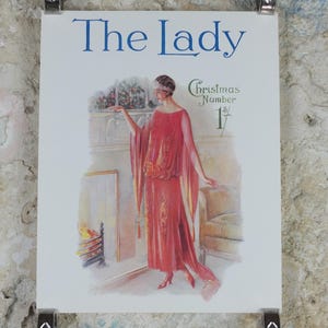 1960s The Lady Poster, Woman in Pink Flapper Christmas style from the 1920s, Womans magazine, fashion Advertising, art deco, wall art decor