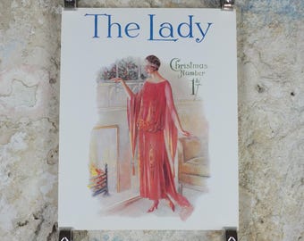 1960s The Lady Poster, Woman in Pink Flapper Christmas style from the 1920s, Womans magazine, fashion Advertising, art deco, wall art decor