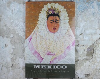 1991 Frida Kahlo Poster, "Self Portrait as a Tehuana" or "Diego in My Thoughts" 1943 self portrait with husband, Surrealism, wall art decor