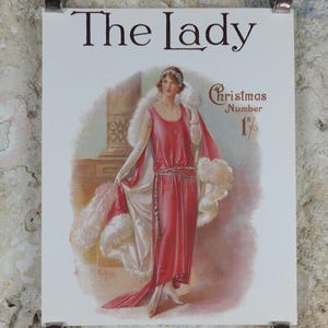 1960s The Lady Poster, Woman in Pink Flapper Christmas style from the 1920s, Womans magazine, fashion Advertising, art deco, wall art decor