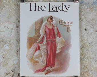 1960s The Lady Poster, Woman in Pink Flapper Christmas style from the 1920s, Womans magazine, fashion Advertising, art deco, wall art decor