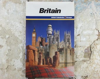1970s Britain Poster, British Caledonian Airways, London, Stonehenge, Big Ben, York Minster, Tartan Aviation, travel wall art decor