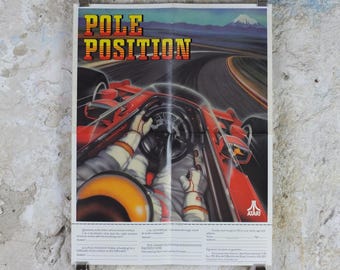 1982 Atari Pole Position Poster, original vintage racing poster from arcade game, advertising print wall, art retro decor