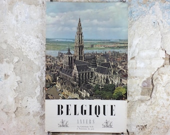 1950s Antwerp Travel Poster, Anvers Cathedral, The Church of Our Lady, De Onze-Lieve-Vrouwekerk, Belgique travel wall art decor