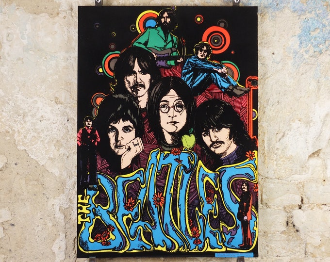 Featured listing image: 1975 Beatles Poster, black light fluorescent in felt, colourful, psychedelic & groovy, Lennon Harrison McCartney Starr, music wall art decor