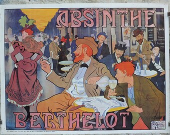 1970s Henri Thiriet Poster, Absinthe Berthelot 1898, 19th century cafe scene in Paris, licenced to Athena, art deco nouveau, wall art decor