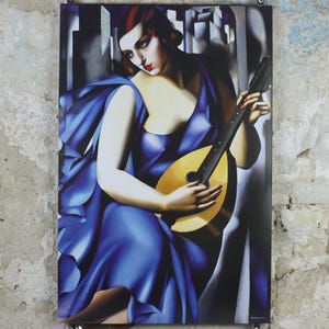 Afiche de Tamara de Lempicka de 2001, Mujer de azul con guitarra, 1929, exposición de galería neoclásica cubista Art Déco Nouveau, decoración de arte mural