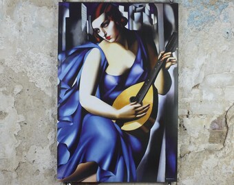 2001 Tamara de Lempicka Poster, Woman in Blue with Guitar 1929, Art Deco Nouveau cubism neoclassical gallery exhibition, wall art decor