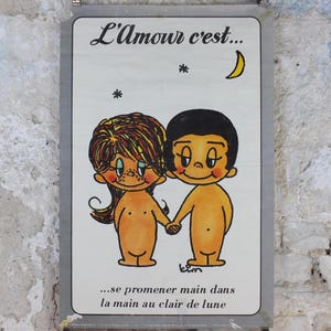 1973 El amor es... Póster, El amor es caminar de la mano a la luz de la luna, L'Amour c'est de Kim Casali, Verkerke, decoración de pared francesa