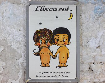 1973 Love is .... Poster, Love is walking hand in hand in the moonlight, L'Amour c'est by Kim Casali, Verkerke, French wall art decor