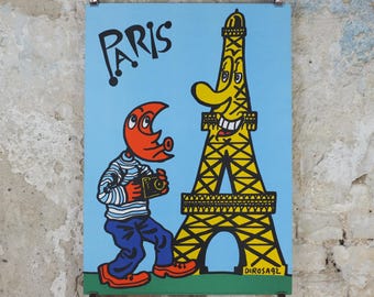 1992 Eiffel Tower Paris Poster, The Moon man in Paris by Hervé Di Rosa, Tete de lune a Paris, France wall art decor