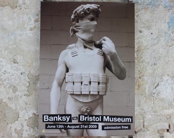 2009 Banksy V Bristol Museum Poster, David statue by Michelangelo, vest and bandana, Pop Art gallery exhibition, wall art decor